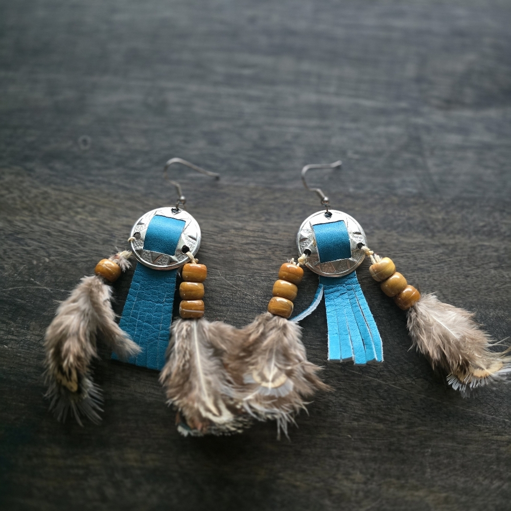 Feather Earrings with Blue Accents
